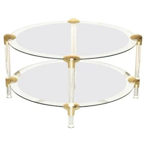 MID CENTURY MODERN BRASS & SILVERED GLASS SHELL MOUNTED TWO TIER COFFEE TABLE - Picture 1 of 12