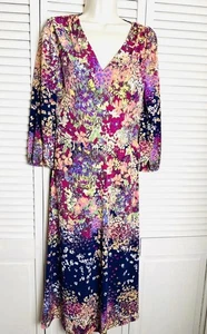 London Times Dress 12 NWT Autumn Floral Midi V-Neck 3/4 Sleeve Stretch  - Picture 1 of 6