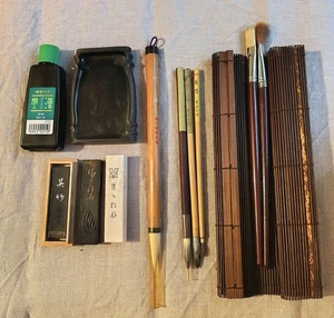 Calligraphy Tool Set Ink Stone Brush Suzuri Vintage Sumi Grinder Shodo Shuji - Picture 1 of 8