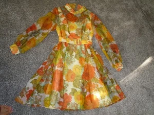VTG SYLVIA ANN 60's/70's FLORAL CHIFFON OVERLAY BELTED HIGH NECK DRESS SIZE 14 - Picture 1 of 11