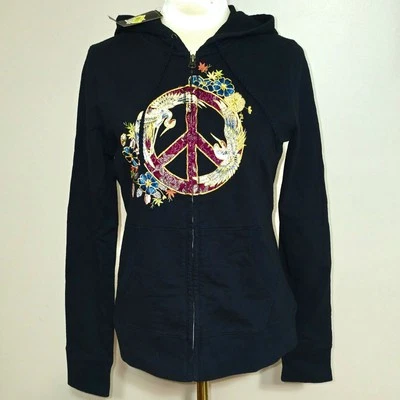 NWT Y2K Lucky Brand Women's Size M Black Hoodie Peace Crane Full Zip Embroidered - Image 1 of 4