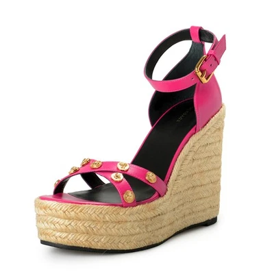 Versace Women's Orchid Pink Gold Medusa Leather Ankle Strap Wedges Sandals Shoes — 第 1/4 张图片