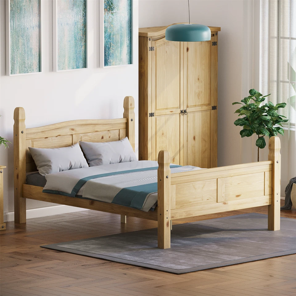 CORONA 4ft6 Double Bed High Foot End Mexican Solid Pine Wood Frame Bedroom