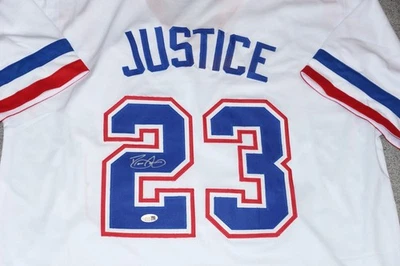 Camiseta deportiva retro firmada por Dave Justice Atlanta Braves #23 + certificado de autenticidad JSA Witness 81131 Foto 1 de 3