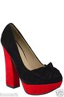 WOMEN'S FAUX SUEDE BLOCK HEEL COURT BLACK/RED SHOES WITH BOW SIZE 3 -4 -5 / 990
