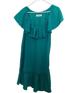 Vestido Trina Turk Fuera de Oficina 100% Lino Verde Hombro Volantes Hasta la Rodilla L - Imagen 1 de 8
