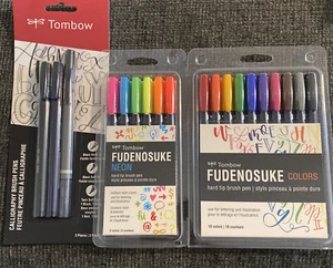 Tombow FUDENOSUKE 3 Pk. Lote de paquete de bolígrafos de pincel de caligrafía, colores y neón de 19 piezas. - Imagen 1 de 5