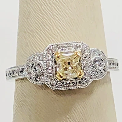 2 Tone 18k Antique Style Fancy Yellow Cushion Cut Diamond Engagement Ring Sz 6.5 - Image 1 of 4