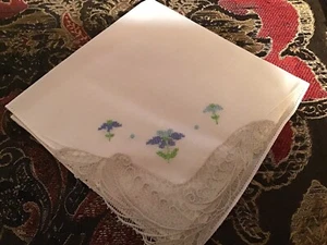 Vintage Mini Blue Cross Stitch Hankie Grey Lace Corner Bridal Wedding  VGC 🌻 - Picture 1 of 1