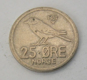 NORWAY -OLAV V- COPPER-NICKEL 25 ORE 1961 KM #  407 -V.F - Picture 1 of 2