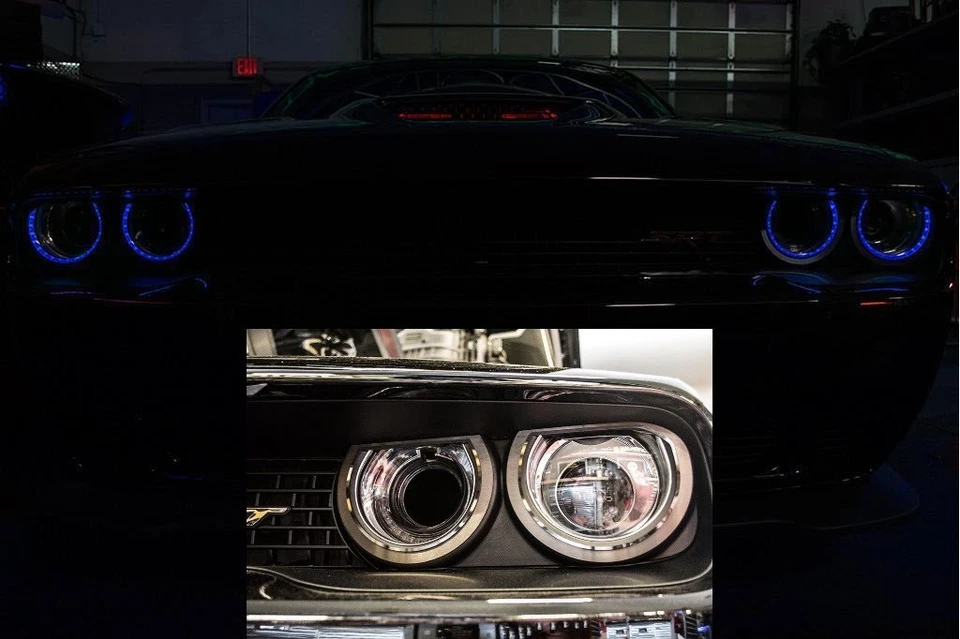 Anillos de faros LED azules con halo para Dodge Challenger 2015-2018 (acero inoxidable cepillado) Foto 1 de 4