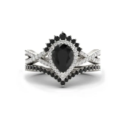 1.25 Ct Black Pear Cut CZ Halo Women's Wedding Matching Ring Set In 925 Silver - Image 1 of 4