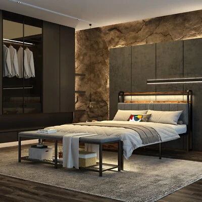 Full Queen Heavy Duty Metal Bed Frame with Shelf Charging Station and Bench - Image 1 of 4