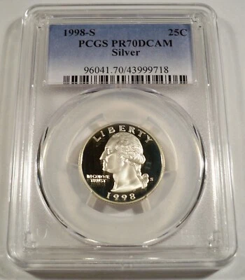 1998-S 25c SILVER PCGS PR70DCAM WASHINGTON QUARTER DEEP CAMEO PR 70 DC - Image 1 of 4