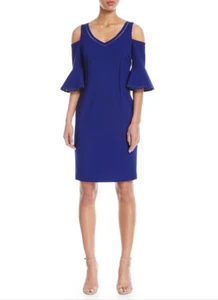 Vestido TERI JON de Ricki Freeman azul real con manga campana de hombro frío (talla 160) - Imagen 1 de 12