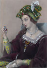 ANNE BOLEYN Ręcznie kolorowany 1862 grawer z hubby Henrykiem VIII