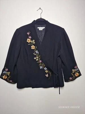Chaqueta Blazer Maggy London Para Mujer 14 Negra Poliéster Forrada Floral Bordada Foto 1 de 4