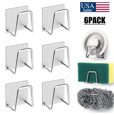 6Pcs Adhesive Sponge Holder Stainless Steel Sink Caddy Kitchen Accessories USA - Image 1 of 4