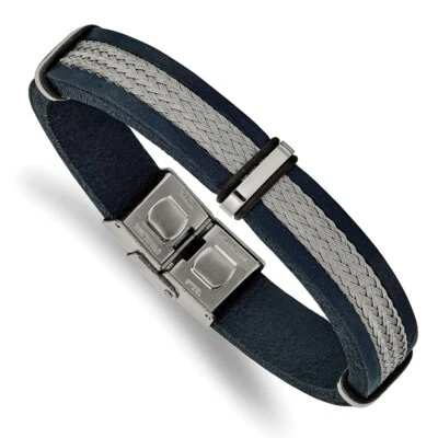 Stainless Steel Polished Blue Leather and Wire 8.5in Bracelet - Image 1 of 3