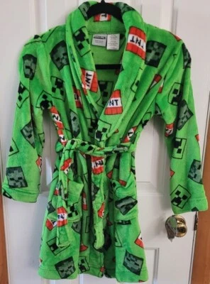 ~NWT~ MINECRAFT Boy's Size Medium (8) Hooded Fleece Bathrobe Green - Image 1 of 4