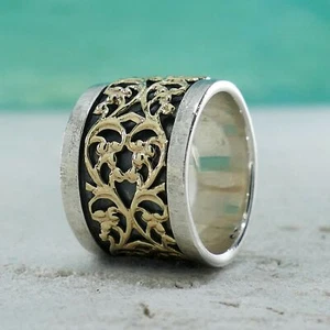 Spinner Vintage Two Tone Solid 9k Yellow Gold And 925 Sterling Silver Ring Size - Picture 1 of 8