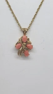 Vintage 14K Gold Plated Coral Necklace Leaf Pendant Rope Chain - Picture 1 of 11