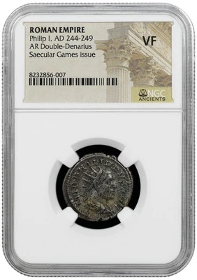 NGC VF Philip II 247-249 AD, Roman Empire AR Double Denarius Saecular Game Issue - Image 1 of 2