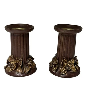 Vintage Candle Holders Brown Gold Columns Roses Flowers Dinner Taper Candles - Picture 1 of 6