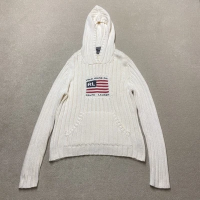 Polo Jeans Ralph Lauren Bandeira Moletom Feminino Grande Bege Vintage Feito em Hong Kong - Imagem 1 de 4