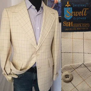 Vintage 70's Sewell Men's Blazer 40R Cream Windowpane Check Sports Coat Jacket - Picture 1 of 24
