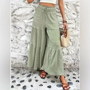 NUEVO Pantalones de pierna ancha fruncidos con cordón, informales en verde salvia talla grande - Imagen 1 de 4