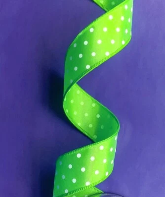Lime Green Satin 1.5" x 5 yds Small White Dots Wired Ribbon Christmas Spring - Image 1 of 4