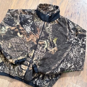 Vintage Browning Jacket Mens L Mossy Oak Camo Fleece Full Zip Bomber Hunt Pocket - Picture 1 of 9