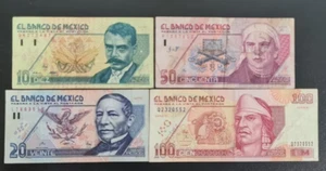 1992 Mexico 10 20 50 100 Pesos SET BANKNOTE CURRENCY Circulated - Picture 1 of 2