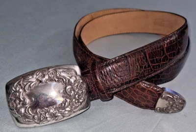 Brighton Cinturón Cuero Texturizado Marrón Oscuro, Hebilla Floral Plateada, Damas Talla L Foto 1 de 4