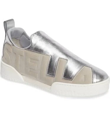  Новый в коробке Stella McCartney логотип поскользнуться на кроссовок обуви Серебряный кожаный серый замши EUR 41 - Изображение 1 из 4