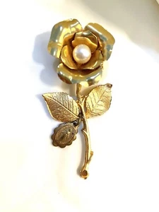 Vintage seltene große Rosen Brosche/Anstecknadel goldfarben mit Perle - Bild 1 von 4