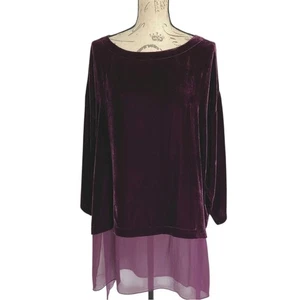 Top túnica cuadrada de seda transparente terciopelo pasas Eileen Fisher L Hi Lo cuello de barco - Imagen 1 de 14