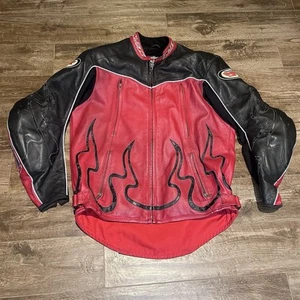 NJK Leathers Motorcycle Jacket Size XL Black Red Flames Padded Armor - Picture 1 of 24