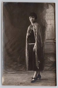 1920s Flapper Woman with Bobbed Hair, Long Shawl, Necklace, Watch. Studio RPPC - Picture 1 of 3