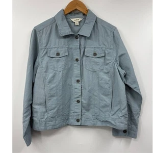 LL Bean Jacket Womens Large Blue Linen Blend Trucker Pockets Lagenlook Shacket - Picture 1 of 9