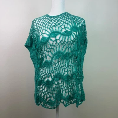Poncho Boho abierto tejido malla Top verde azulado ganchillo transparente festival M/L grunge Foto 1 de 4