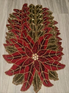 St Nicholas Heavy Beaded Decorative Placemat Christmas Motif Poinsettia Set Of 6 - Picture 1 of 9