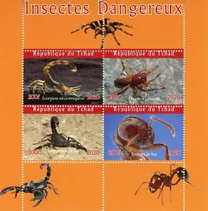 Chad Spiders Stamps 2020 CTO Dangerous Insects Scorpions Fire Ants Fauna 4v M/S - Picture 1 of 1