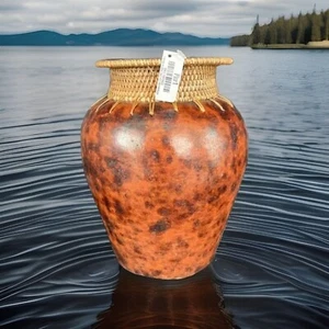 Pottery Piece Rustic Southwest Boho Vase Wicker Woven Top 8" Pier 1 - Picture 1 of 6