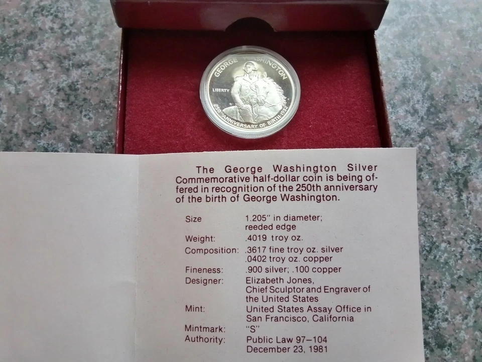 1982-S PROOF George Washington  Commemorative Silver Half Dollar  RED Box - Image 1 of 2