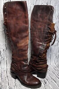 Freebird Knee High Coal Cognac Distressed Leather Boho Lace Up Boots 7 Knee High