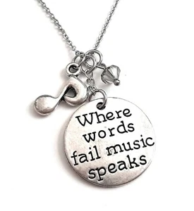 Musician Gift Handmade Inspirational Charm Necklace, Words fail, Music Speaks - Picture 1 of 4