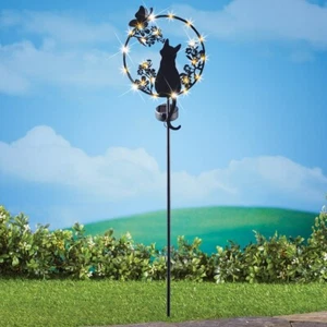 Solar Lighted Cat w/ Butterfly & Flowers Metal Shadow Silhouette Garden Stake - Picture 1 of 2