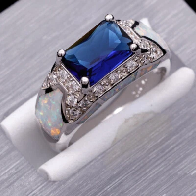 Anillo de joyería 7x10 azul simulado zafiro blanco ópalo de fuego relleno de plata 7 8 9 10 Foto 1 de 4
